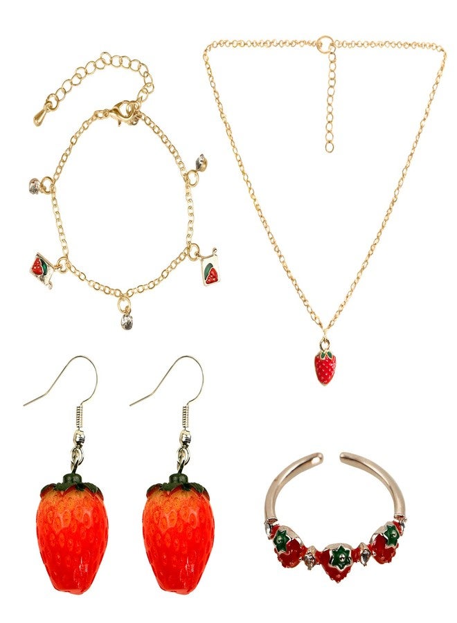 Voiiake Strawberry Costume Jewelry Set for Women - Cute Strawberry Accessories - Necklace, Earrings, Ring & Chain Bracelet for Halloween Party, Cosplay, Halloween Costumes - Image 1